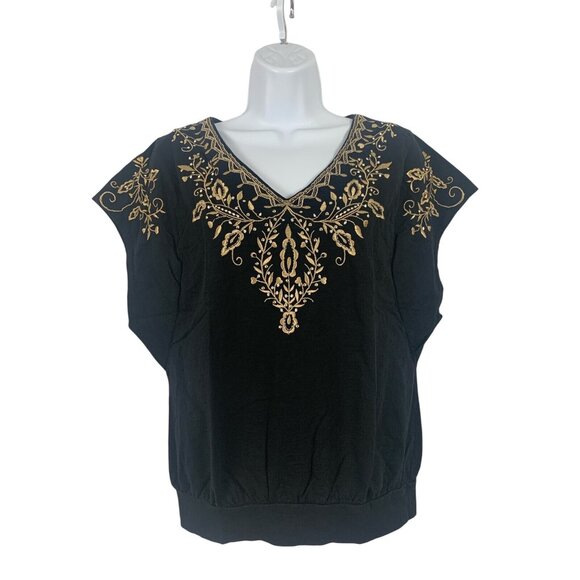 Karen Scott Tops - Karen Scott Womens Black & Gold Embroidered V-Neck Top Small